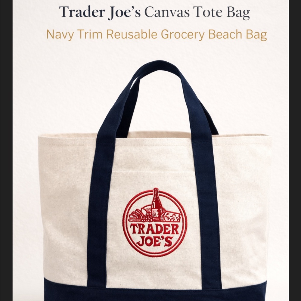 Trader Joe’s Canvas Tote Bag Navy Trim Reusable Grocery Beach Bag
